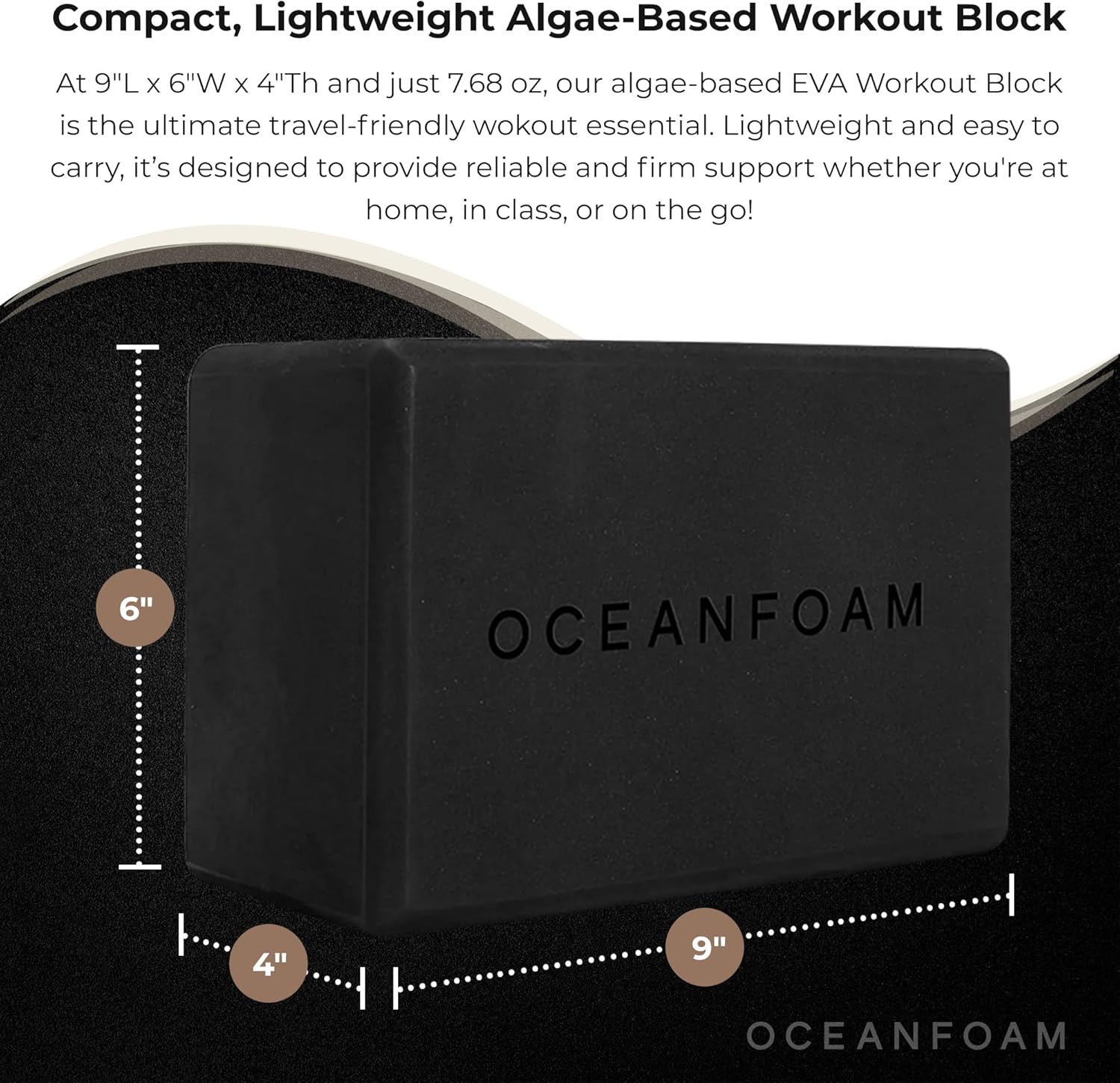 Oceanfoam Workout Block - High-Density Non-Slip Exercise Block for Yoga & Pilates | Lightweight Algae-Based EVA Foam, 9"x6"x4" (Black)