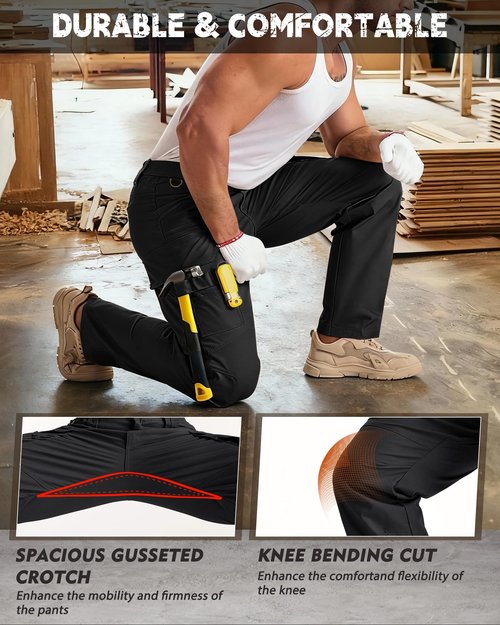 IGOLUMON Work Pants for Men Cargo Pants Tactical Pants with 9 Pockets, Ripstop Lightweight Stretch Outdoor Hiking Pants Black