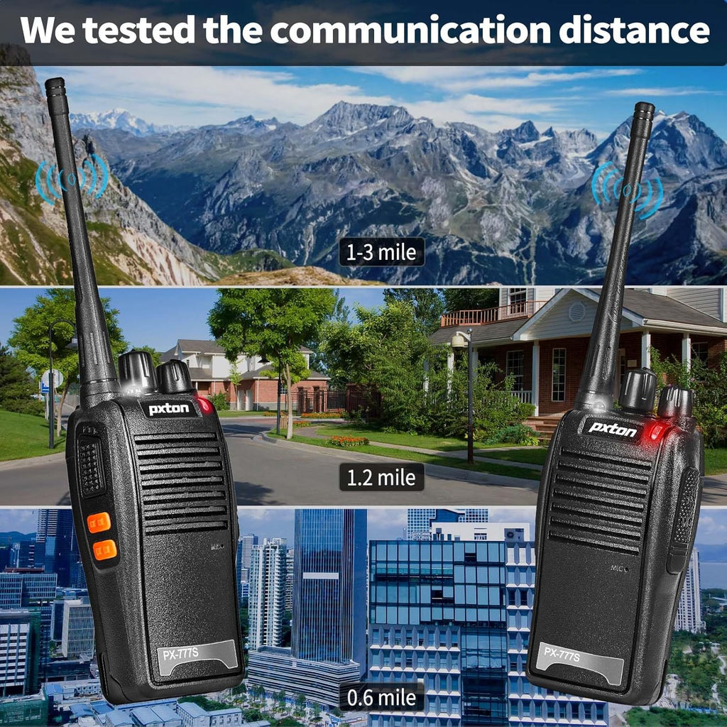 Pxton 777S Rechargeable Walkie Talkies - Long Range Two-Way Radios with Earpieces & Li-ion Battery (2 Pack)