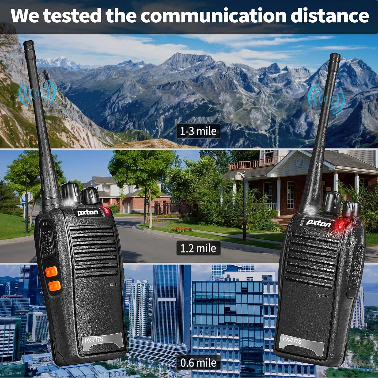 Pxton 777S Rechargeable Walkie Talkies - Long Range Two-Way Radios with Earpieces & Li-ion Battery (2 Pack)