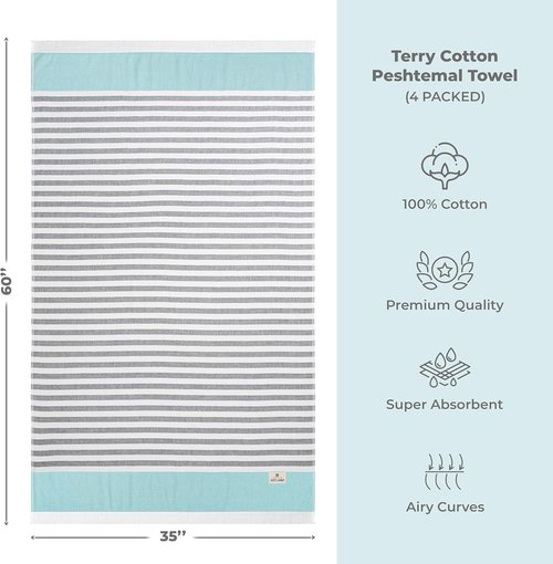 American Soft Linen 100% Cotton Turkish Peshtemal Beach Towels - 4 Pack, 35"x60", Sky Blue for Pool & Beach Use