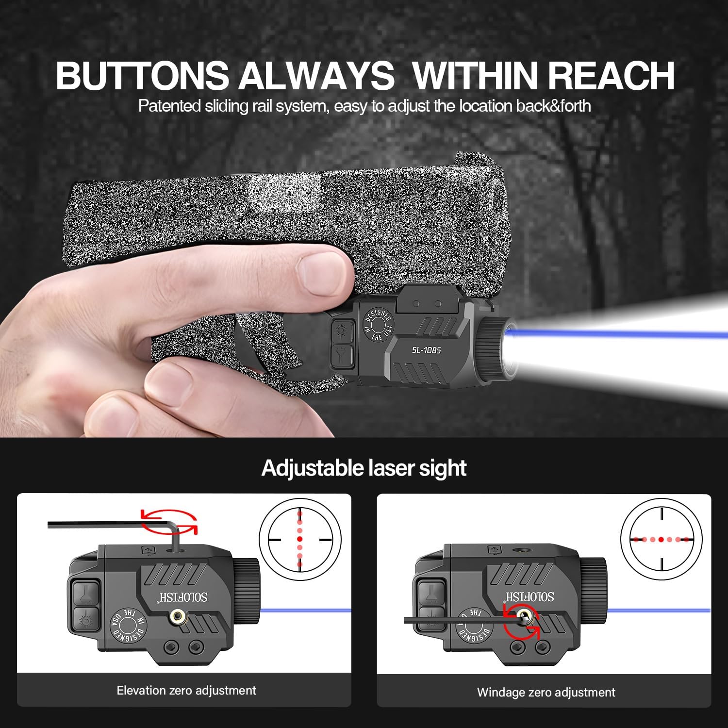 Solofish Pistol Light Laser Combo - 800lm Adjustable Shockproof Blue Laser Sight | Rechargeable with Strobe Function