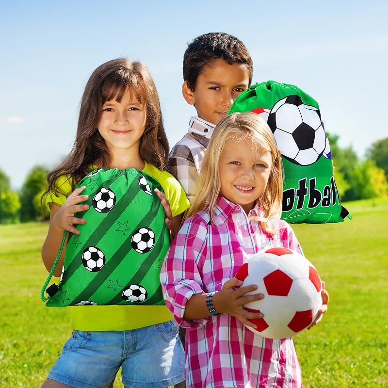 Soccer Themed 12-Pack Drawstring Gift Bags for Kids – Green Mini Soccer Party Favor Bags