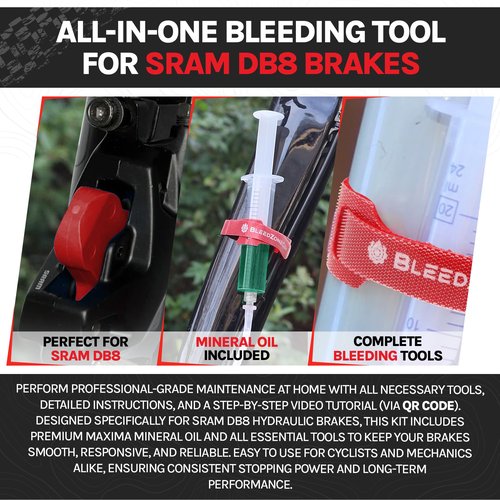BleedZone SRAM DB8 Brake Bleed Kit with Maxima Mineral Oil Brake Fluid - Compatible with SRAM DB8, Mountain Bike Bleed Kit with 2X Syringes, 2X M4 Fittings, Fastener & Bleed Block