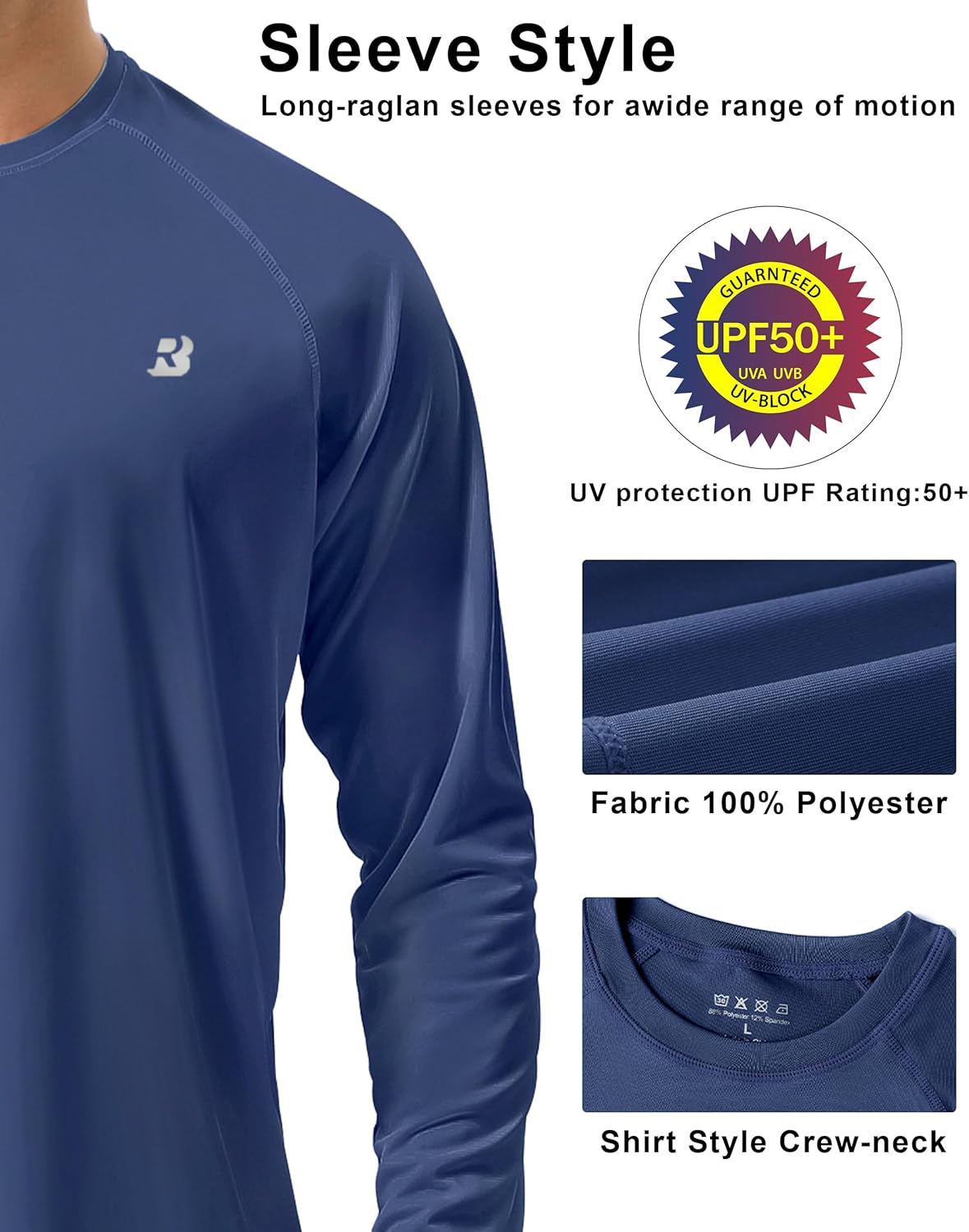 Roadbox Men's UPF 50+ UV Sun Protection Shirt - Long Sleeve SPF Rash Guard for Outdoor Activities