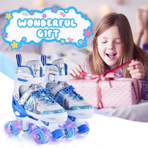 TOMSHOO Kids Roller Skates for Girls Boys 4 Sizes Adjustable Quad Skates with Light up Wheels Ages 3-5 5-8 6-12 rollerskates for Indoor Outdoor Birthday Gift (Blue, Small)