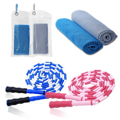 CUTEPLAN 2 Kids Jump Ropes & 2 Cooling Towels Set (35"x12") - Adjustable Tangles-Free Segmented Beaded Ropes for Kids 4-12, Ideal for Yoga, Running, Gym & Camping
