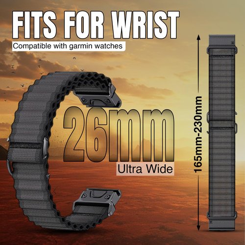 Dado QuickFit 26mm Nylon Watch Strap Compatible with Garmin Fenix 8X | Fenix 7X/7X Pro | Fenix 6X Pro/6X GPS | Fenix 5X Plus/ 5X GPS | Tactix 7 Pro | Enduro 2 | Mk2i/3i | Epix Pro 51mm., Sizeable
