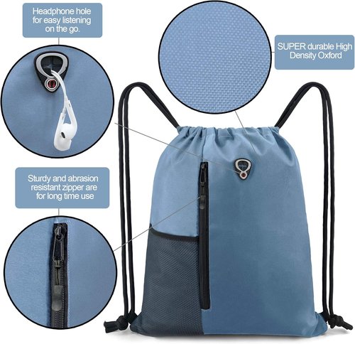 BeeGreen Blue Drawstrings Backpack Gym Sack For Men With Water Bottle Pocket &Front Zippered Pocket Large Sting Bags For WomenTraveling Yoga Beach Outdoor Gym