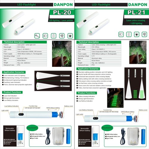 Danpon-PL-21, Laser Point Zebra Crossing- LED Pedestrians Crossing the Road are Advised Can be Mounted on Elderly Walking Canes, Bicycles. Pet Cat/Dog usable at Night Laser Class 2 and IEC60825