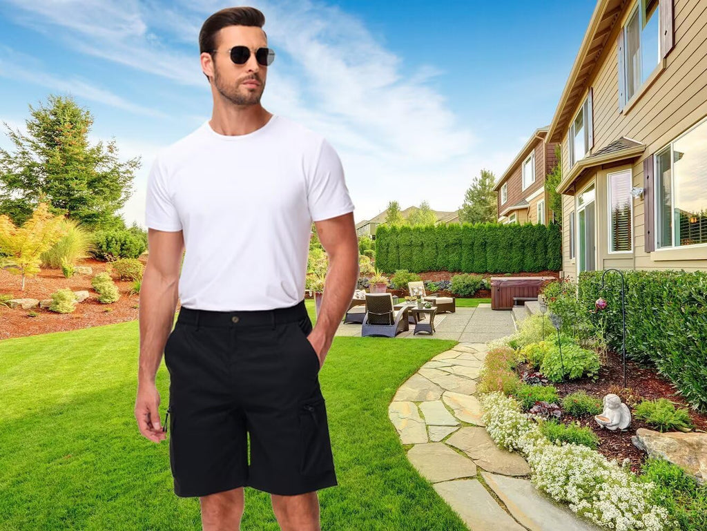 QPNGRP Men's Cargo Shorts - 9" Inseam, Stretch Waist, 6 Pockets for Ultimate Comfort