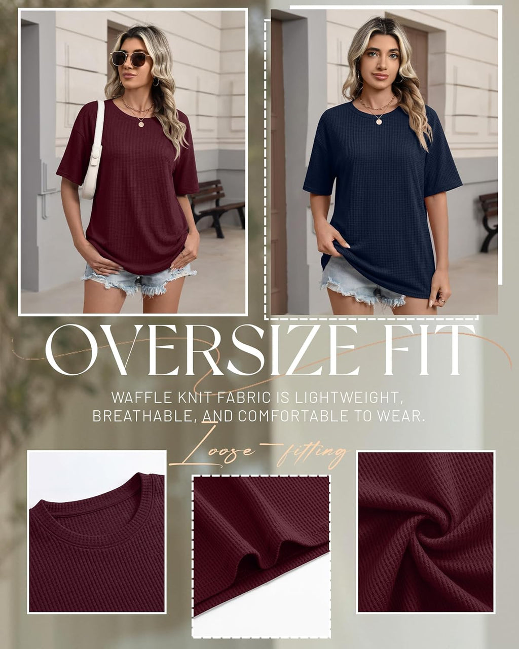 Oakgarden Women's Oversized Waffle T-Shirts - 3 Pack Half Sleeve Crewneck Casual Gym Tops