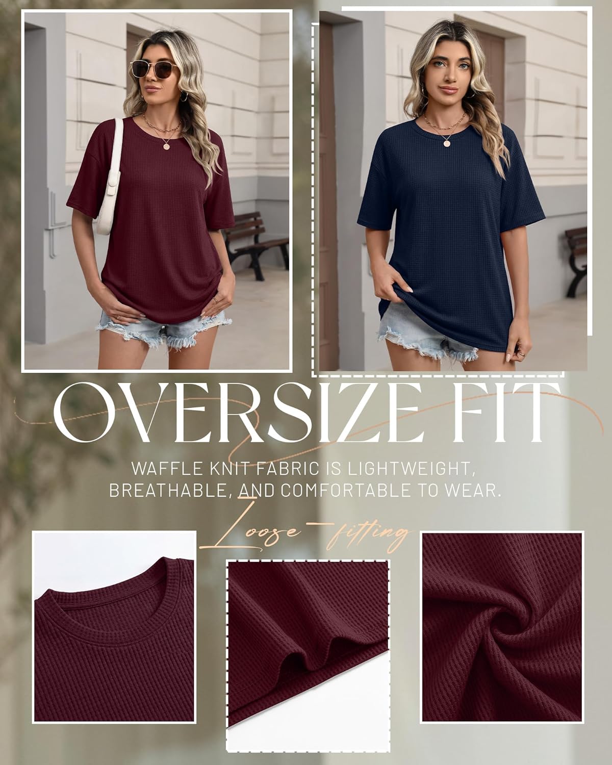 Oakgarden Women's Oversized Waffle T-Shirts - 3 Pack Half Sleeve Crewneck Casual Gym Tops