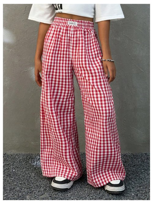 SOLY HUX Girl's Plaid Gingham Baggy Pants Elastic High Waisted Wide Leg Long Pants Trousers Red Plaid 9Y