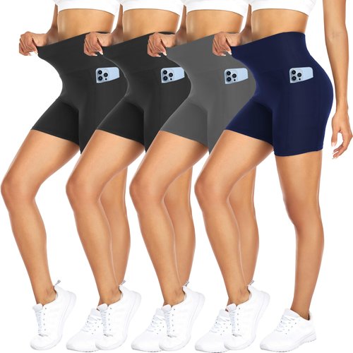 FULLSOFT 4 Pack Biker Shorts for Women – 5" High Waist Tummy Control Workout Yoga Running Compression Exercise Shorts with Pockets(4 Pack Black/Black/Navy Blue/Grey,Small-Medium)