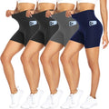 FULLSOFT 4 Pack Biker Shorts for Women – 5" High Waist Tummy Control Workout Yoga Running Compression Exercise Shorts with Pockets(4 Pack Black/Black/Navy Blue/Grey,Small-Medium)