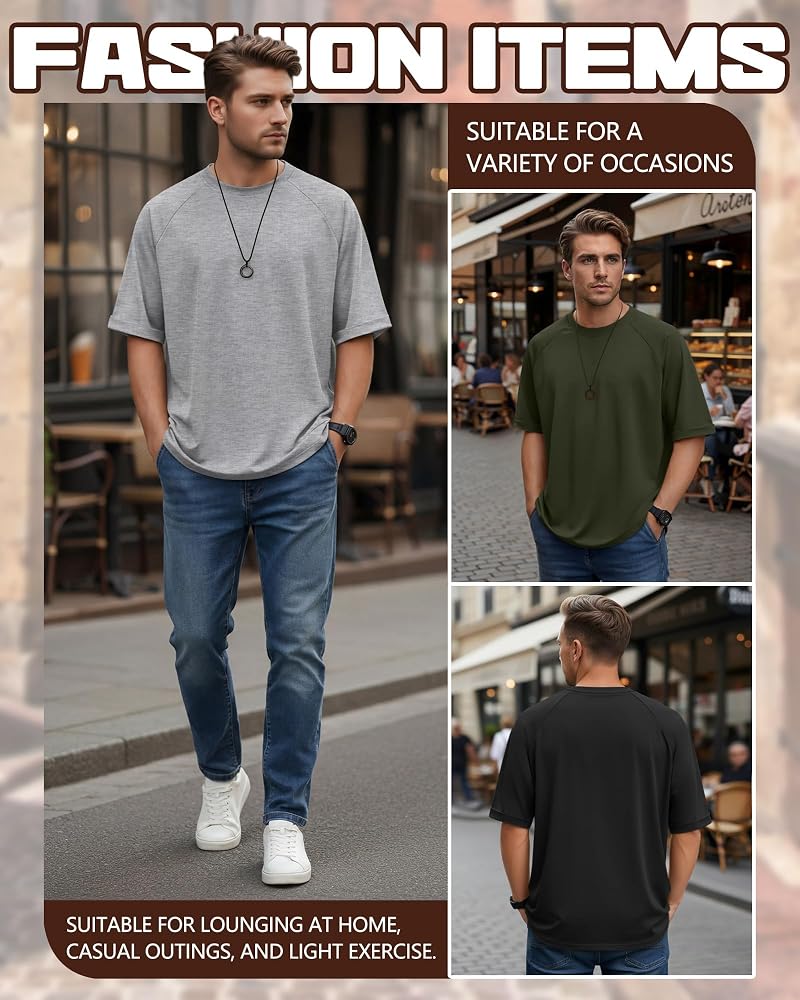 August Alley 3 Pack Mens Oversized T-Shirts - Black, Light Heather Gray, Army Green (Large)