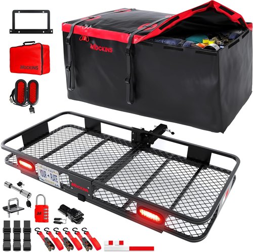 Mockins XXL Folding Trailer Hitch Cargo Carrier - 70"x30"x6" with Waterproof Cargo Bag & Rear Lights | 500 Lbs Capacity for SUVs & Trucks