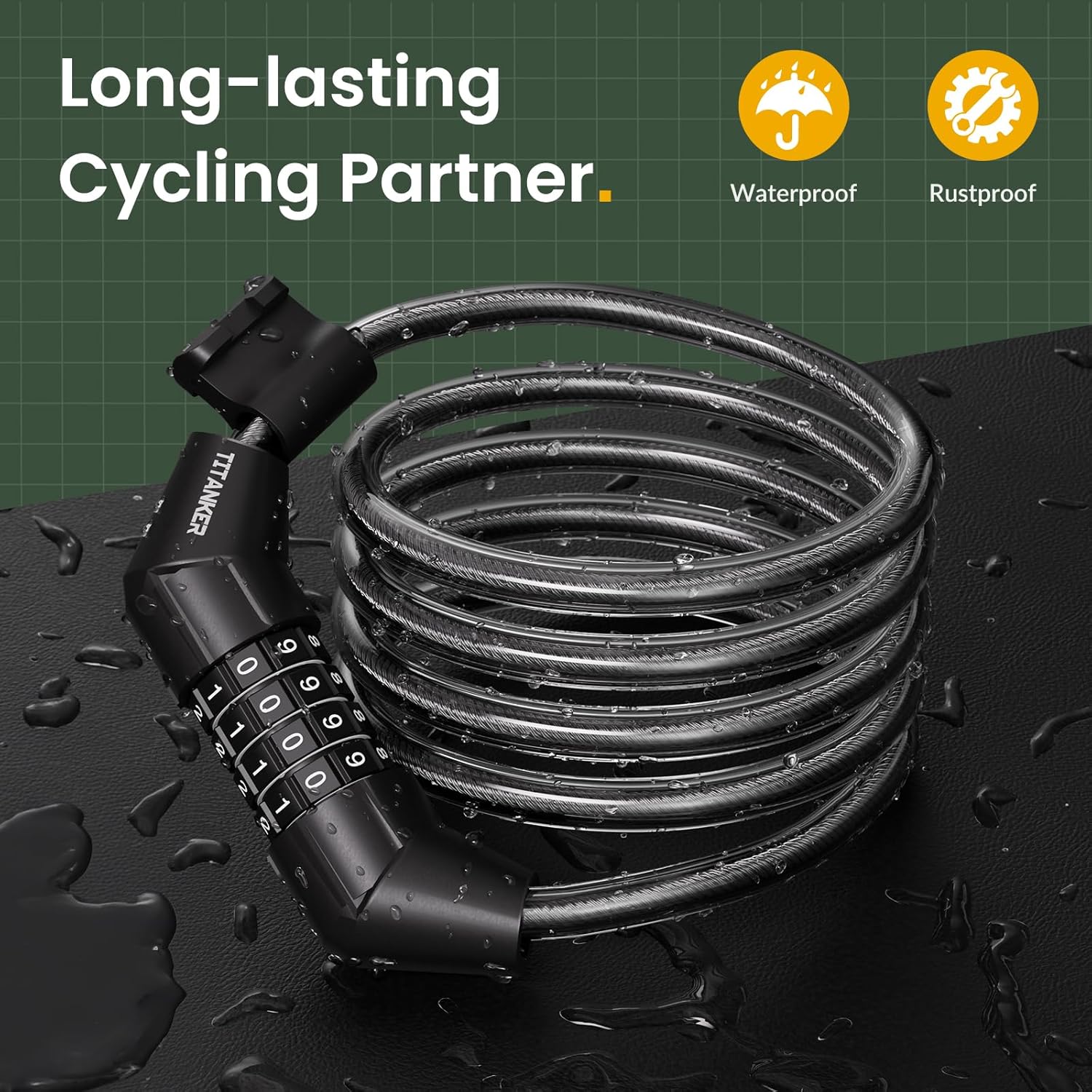 Titanker Bike Lock Cable - 4 Feet Self-Coiling Combination Lock for Kids | Black 5/16 Inch Diameter