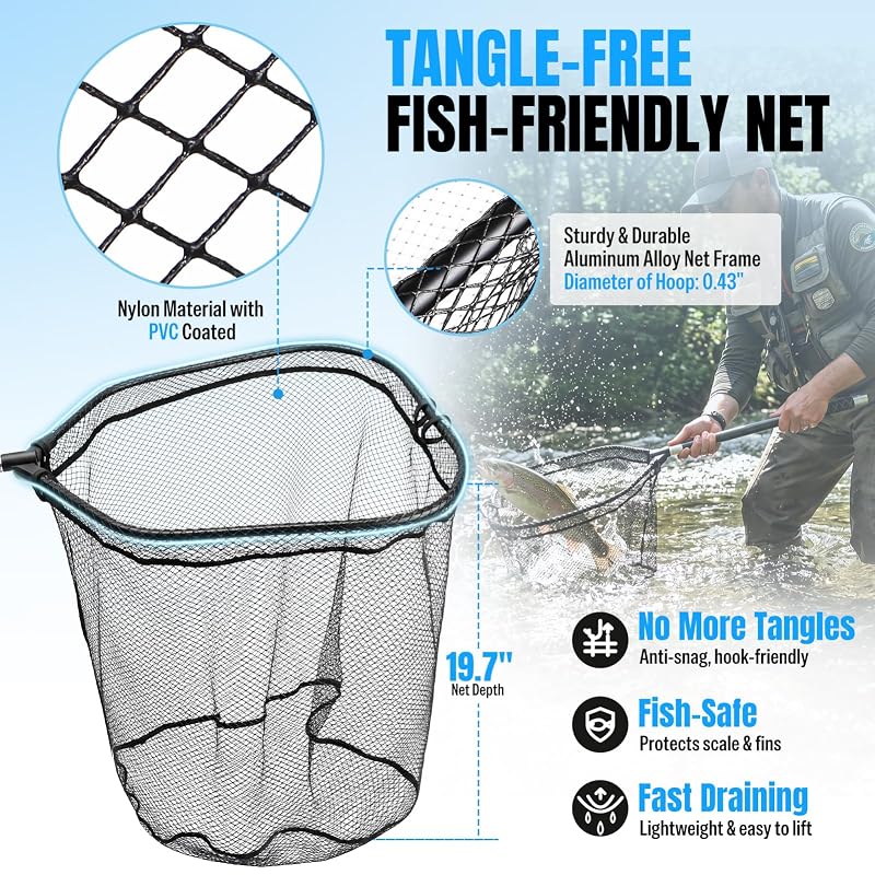 PLUSINNO 3.4 Ft Fixed Telescoping Fishing Net, Large Landing Net for Bass Trout Kayak Fishing