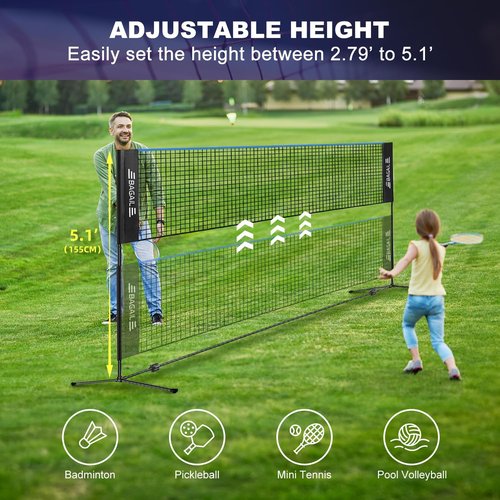 BAGAIL Badminton Net - Height Adjustable & Foldable Nylon Net for Kids | 10ft/14ft/17ft Wide