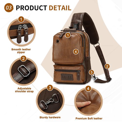 SUIKIHUM Vintage PU Leather Sling Backpack for Men, Crossbody Bag, Adjustable Shoulder Strap (Light Brown)