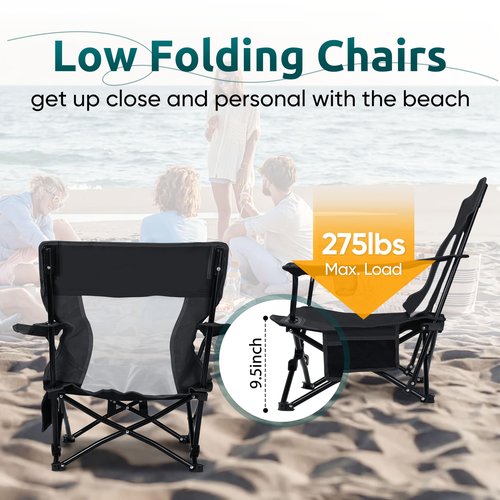 HaSteeL Folding Beach Chair Set of 2, Foldable Black Camping Chairs for Outside, Low Beach Chair Portable for Adults Fishing, Picnic, Outdoor BBQ, Travel, Sports, Cup Holder & Storage Bag