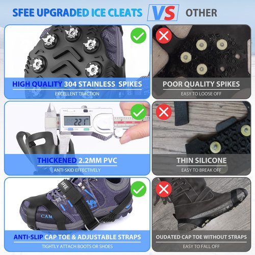 Sfee Crampons for Winter Boots, Upgraded Ice Cleats Stainless Steel Women Men Anti Slip Ice Traction Cleats Grips with Straps, Perfect for Hiking, Walking, Climbing, Ice Fishing(M)