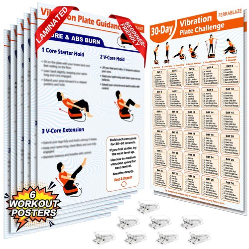 Whole Body Vibration Plate Workout Poster Set – 6 Exercise Wall Charts & 2 Fitness Planners for Home Gym, Full Body Guide for Vibration Platform, Dumbbells & Resistance Bands