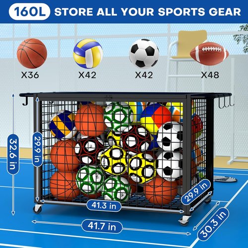 Boshen 41.7" Extra Large Ball Cart Storage Rolling with Lockable Wheels Lid & Removable Handle, XXL Sports Equipment Basketball Storage Holds Up to 36 Balls for School, Club, Gym, Garage