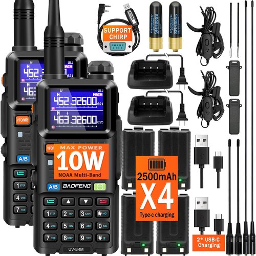 BAOFENG 5RM 10W Ham Radios Long Range 2 Pack, Multi-Band Portable Two-Way Radio NOAA Weather Receiver, UV-5RM Walkie Talkies Rechargeable with Frequency Copy & 4PCS 2500mAh USB-C Batteries