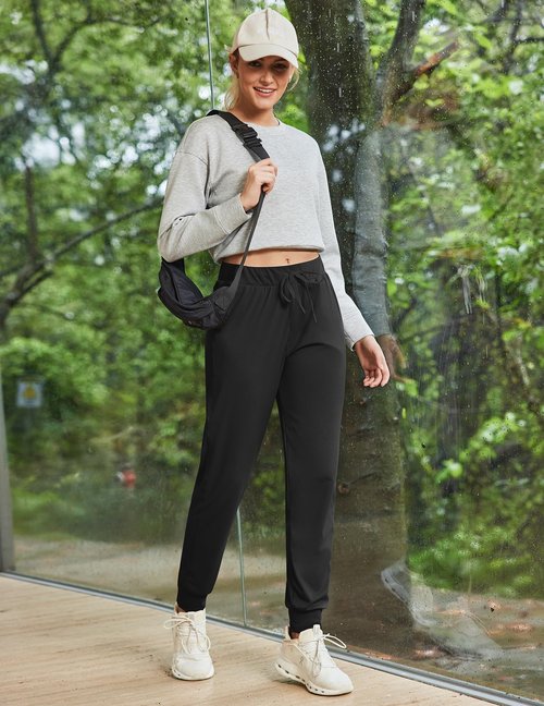 PINSPARK Women's Joggers Pants with Pockets, Stretch Athletic Track Pants Lightweight Running Workout Sweatpants Black L