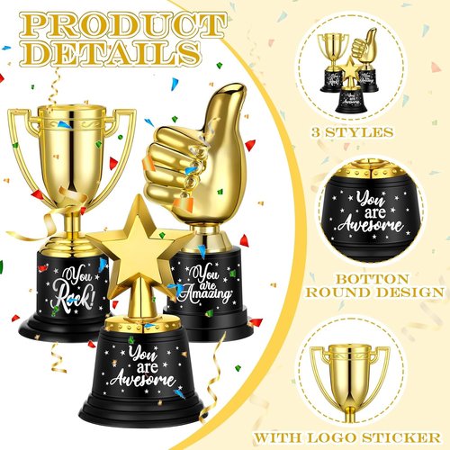 Lenwen Gold Trophy Awards - 36 Pack Mini Thumbs Up Trophies for Students | Perfect for Sports & Classroom