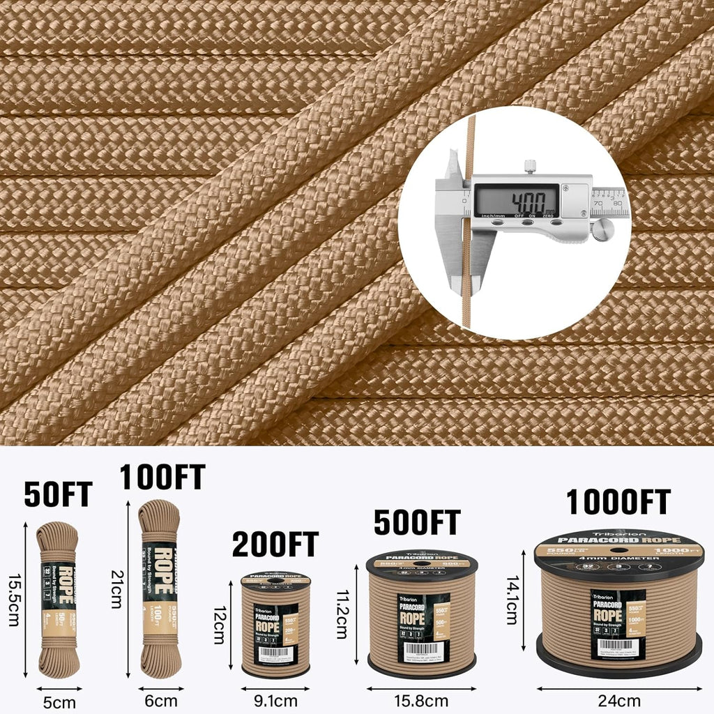 Paracord 550 lb - 500ft Heavy-Duty 7-Strand Parachute Cord | Versatile Khaki Rope for Survival, Camping, and Crafts