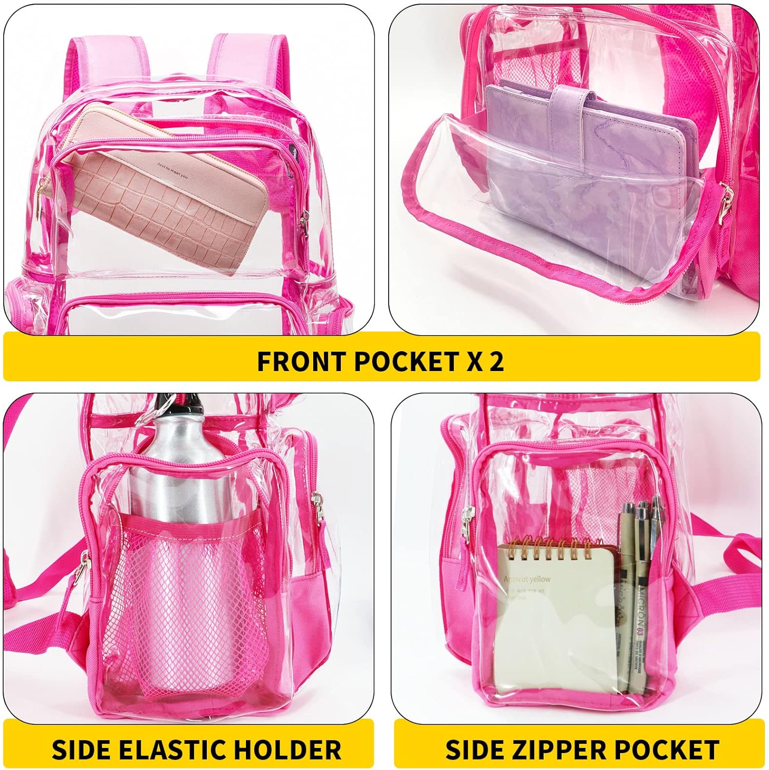 Vorspack Clear Backpack - Transparent Design with Reinforced Bottom & Multi-Pockets | Pink