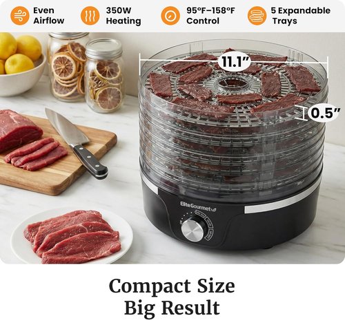 Elite Gourmet EFD319 Food Dehydrator - 5 BPA-Free Trays with Adjustable Temperature for Jerky & Snacks | Black