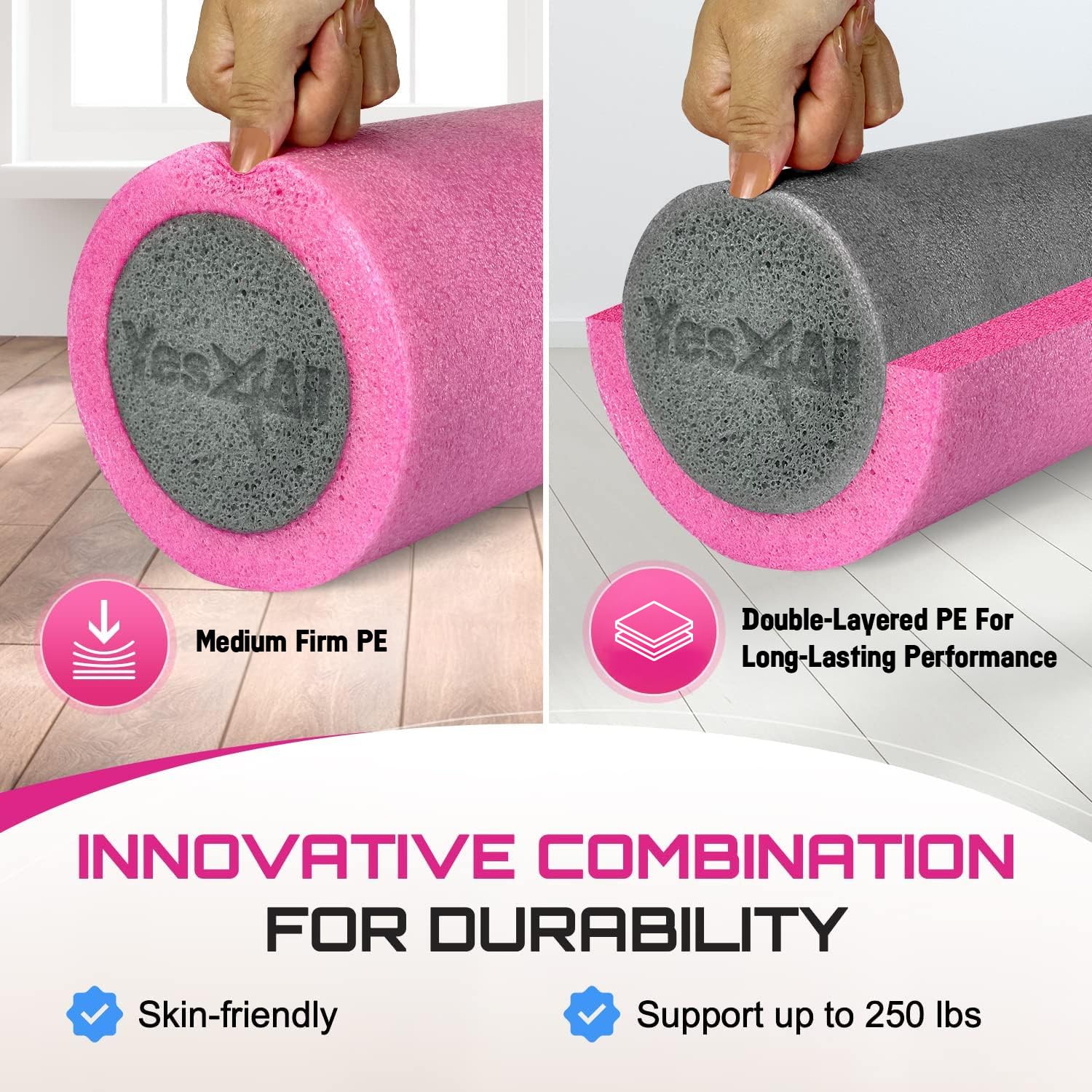 Yes4All Medium Firm PE Foam Rollers for Yoga & Pilates, Available in 12, 18, 24, 36 inch, Two-Layer PE Yoga Roller for Massage