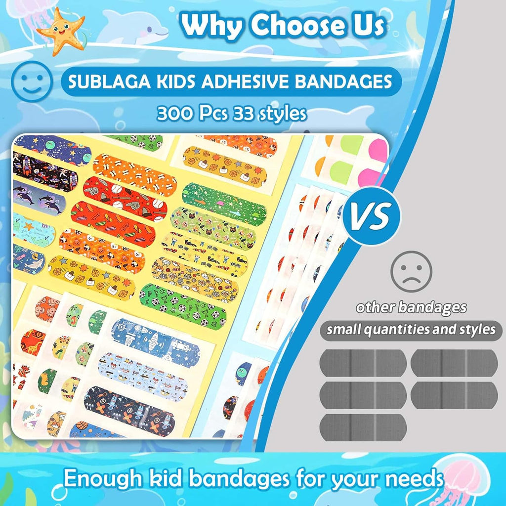 Sublaga Kids Cartoon Bandages - 300 Pcs Colorful Waterproof Adhesive Bandages for Toddlers & Children