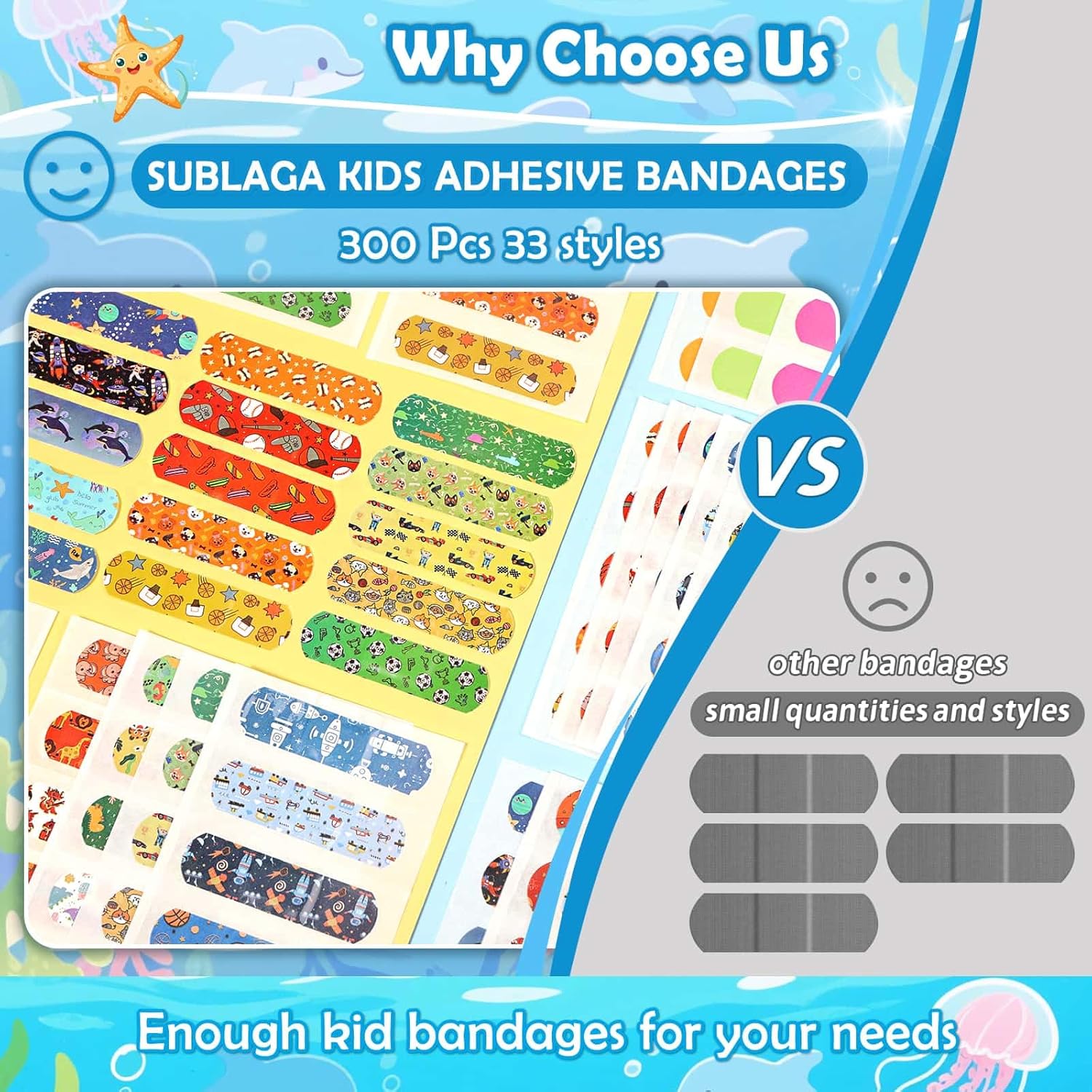 Sublaga Kids Cartoon Bandages - 300 Pcs Colorful Waterproof Adhesive Bandages for Toddlers & Children