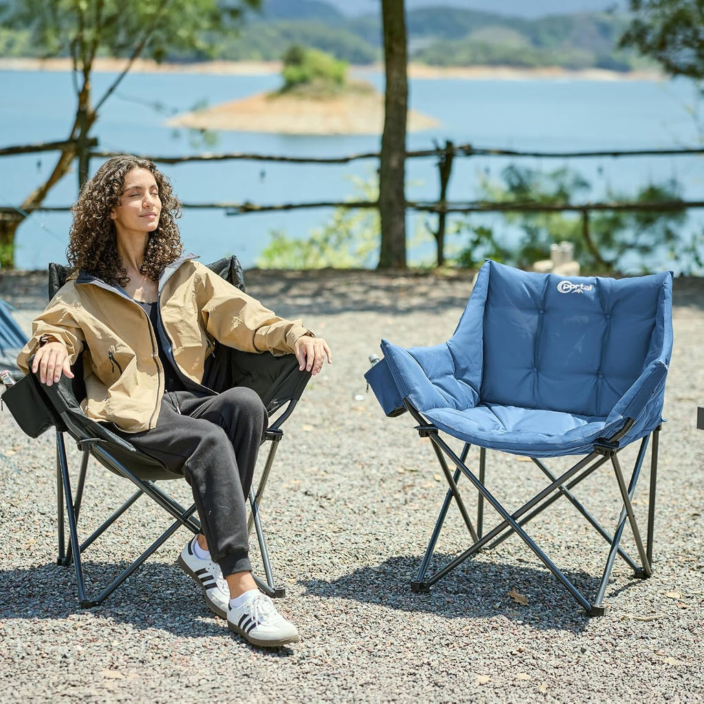 Portal Oversized Padded Camping Chair - Heavy-Duty Folding Chair with Cup Holder & Side Pocket | Supports 350 lbs, Blue