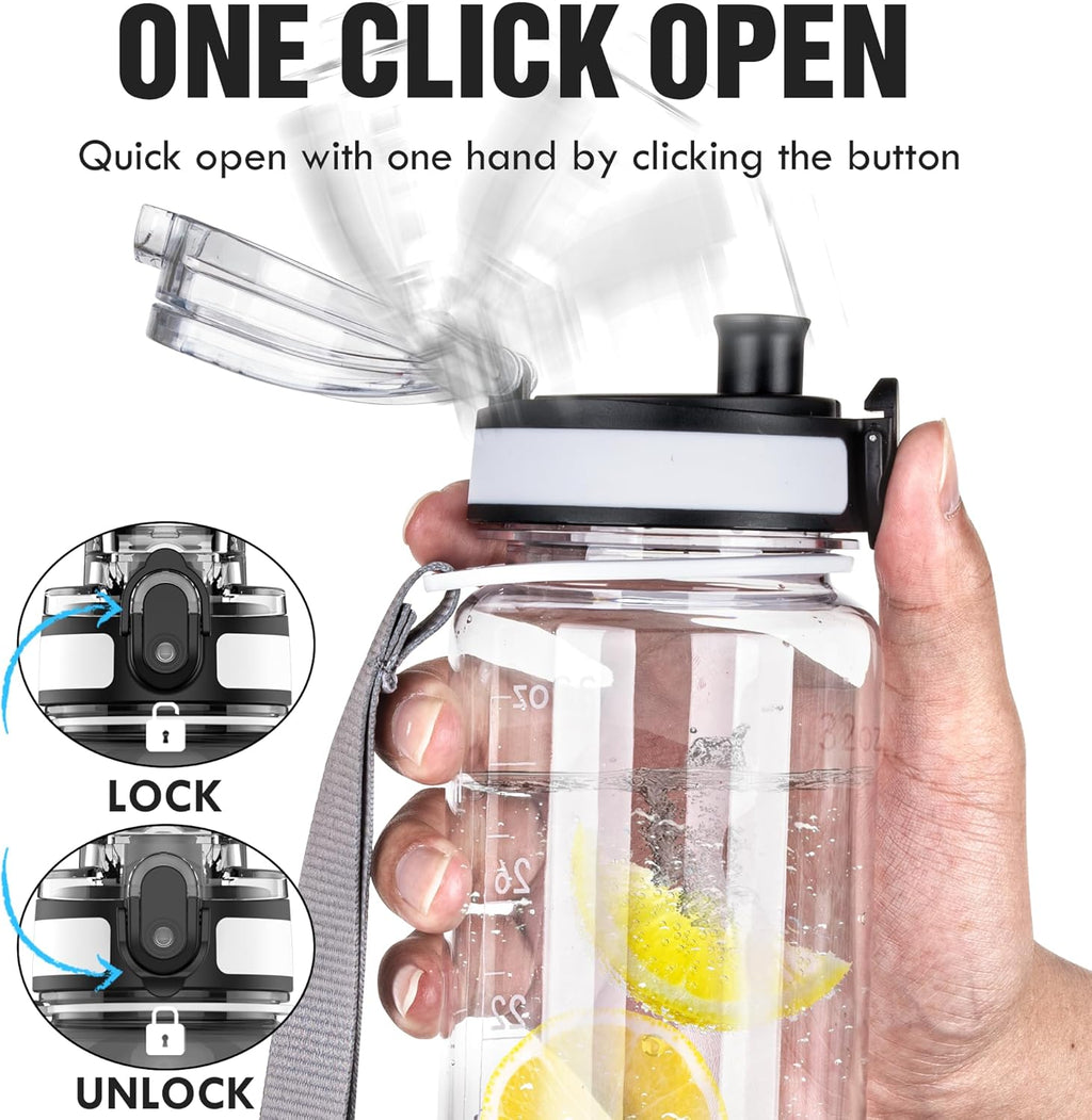 OLDLEY Water Bottle, 32oz Motivational Sports Water Bottle with Time Marker - Times to Drink - Tritan, BPA Free, Wide Mouth Leakproof, Anniversary Birthday Gifts for Men Women, Capacity Clear