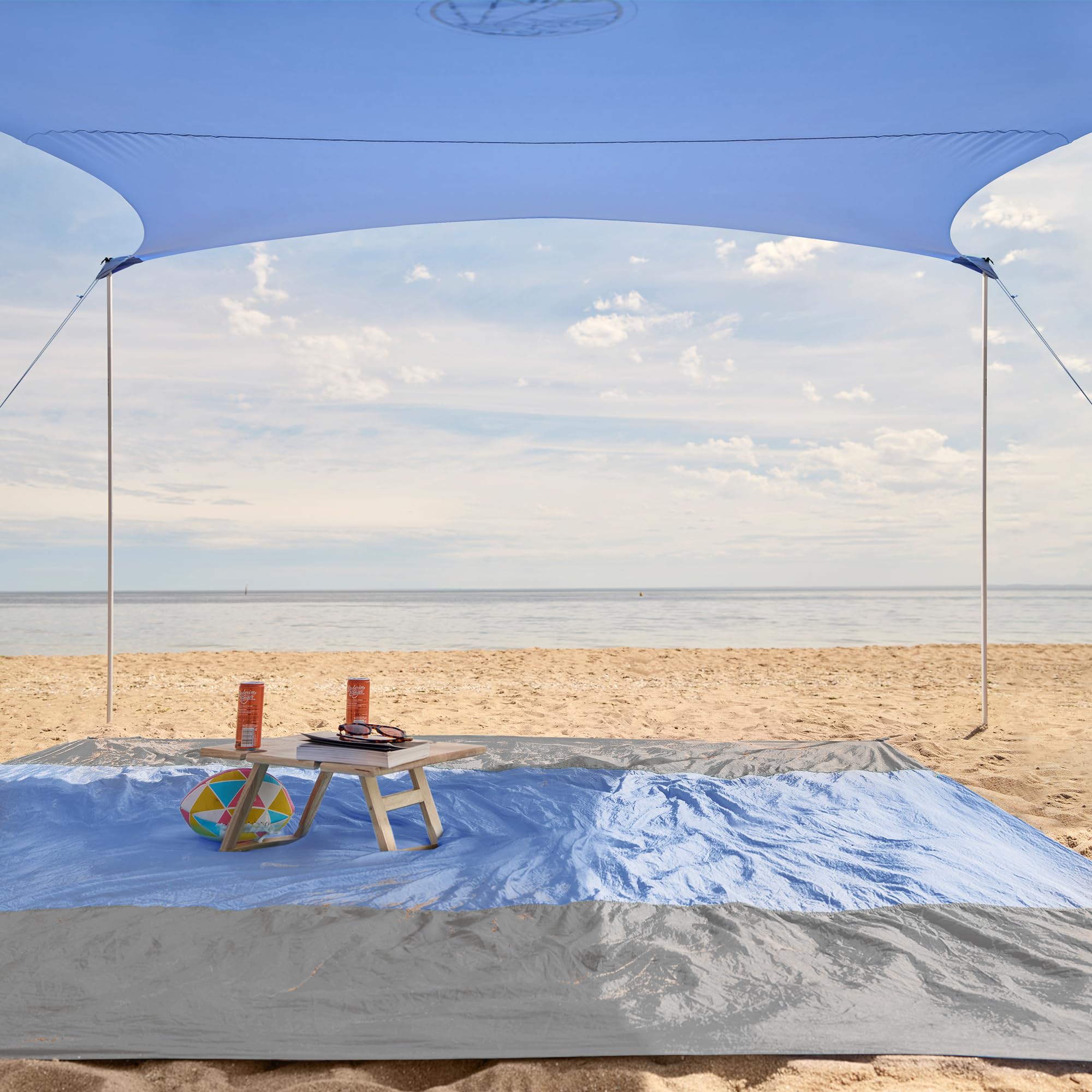 WEKAPO Beach Tent Sun Shelter - Easy Setup Beach Canopy with 4 Sturdy Poles, Large Sandbags and Shovel, 6'7'' Tall, Windproof Sun Shade for Backyard and Camping, UPF 50+ Protection