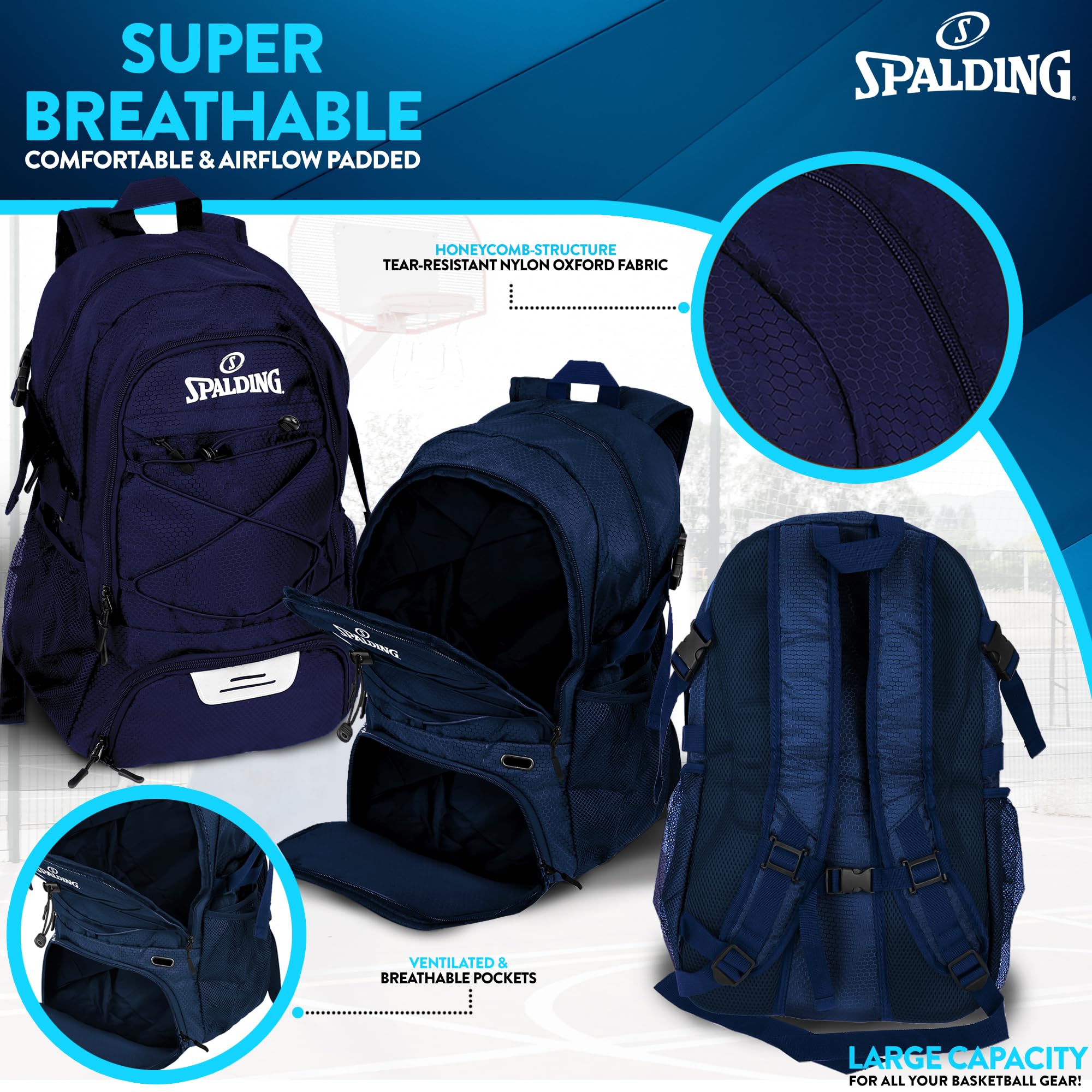 Spalding Basketball Backpack Sports Bag | Large Navy Backpack with Shoe and Ball Compartment | Use for Sport Accessories and Stuff | Basketball Gifts for Sports Players