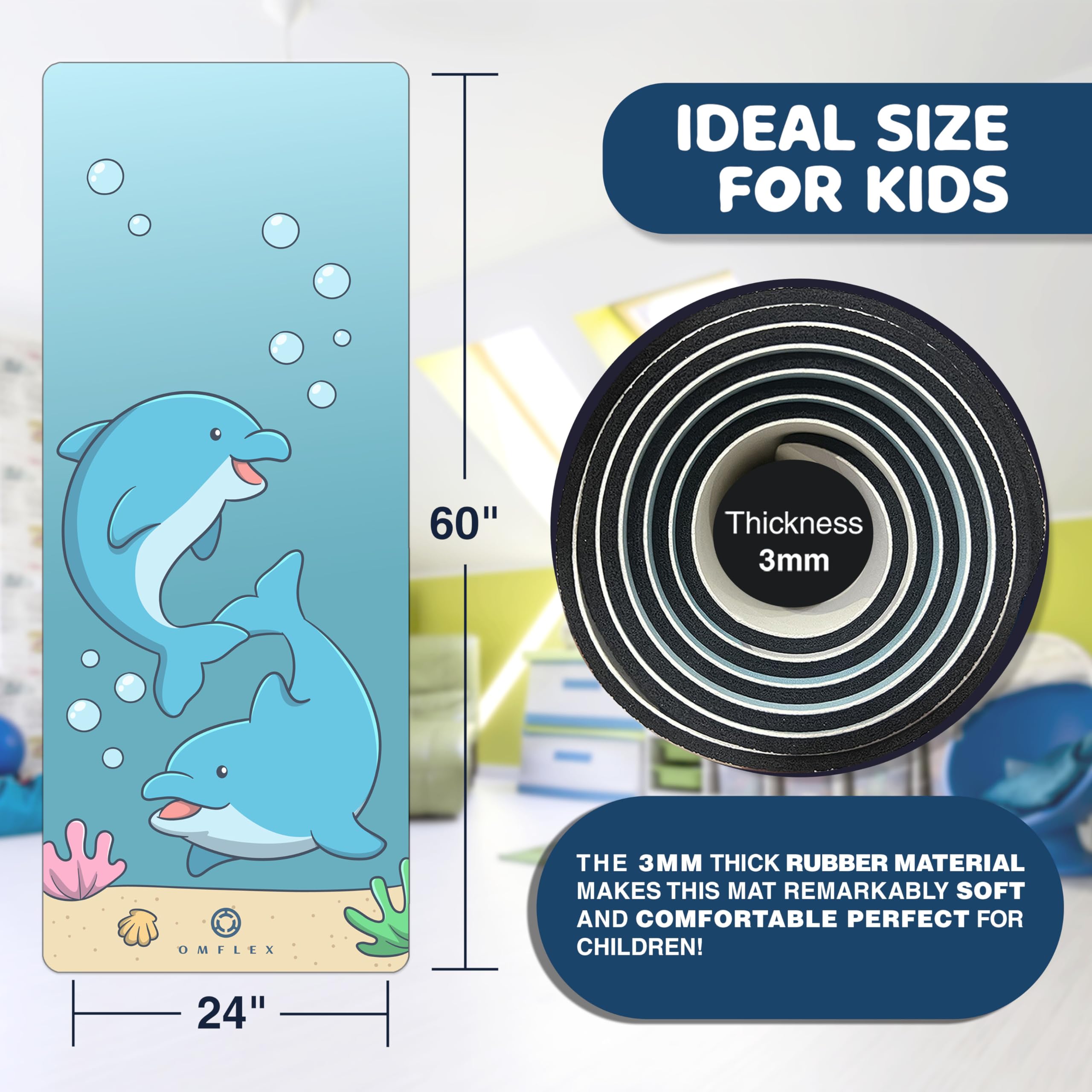 Omflex Kids Yoga Mat with Carrying Strap – 60"x24" Non-Slip Premium Exercise Mat for Kids, 3mm Thick Non-Toxic, PVC-Free Play Mat for Children, Dolphin, Car & Supergirl Designs (Dolphin)