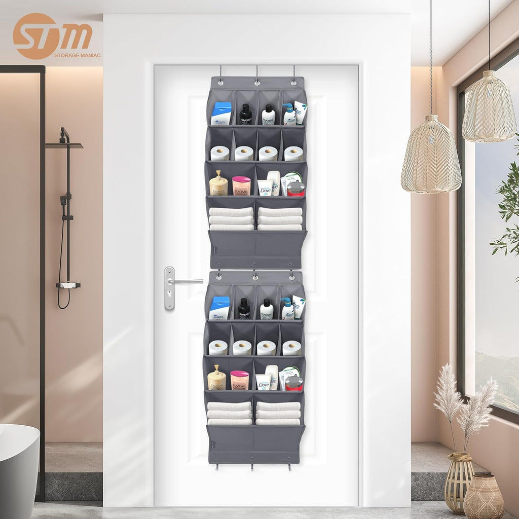 Storage Maniac Over Door Shoe Organizer - 2 Pack with 12 Large Pockets for Efficient Closet Storage | Grey