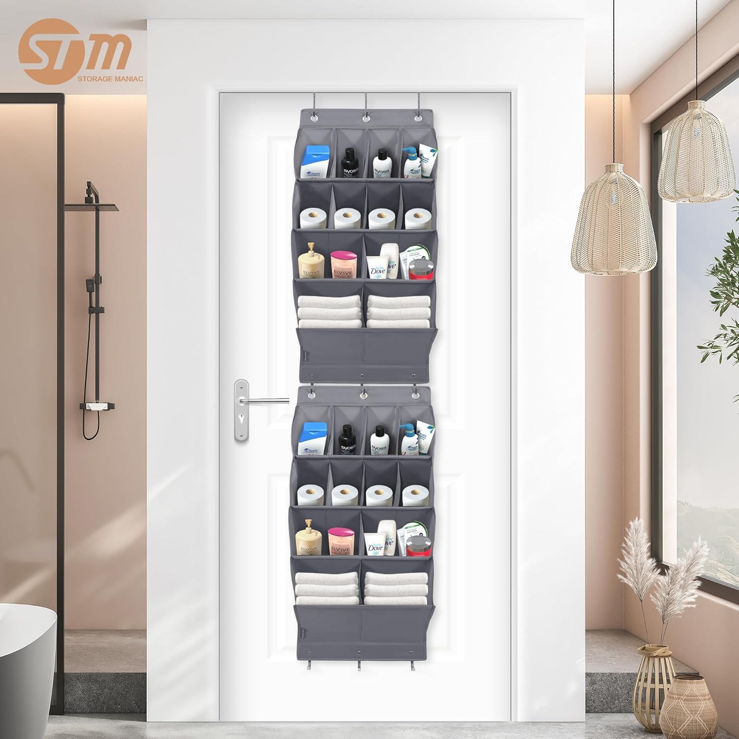 Storage Maniac Over Door Shoe Organizer - 2 Pack with 12 Large Pockets for Efficient Closet Storage | Grey