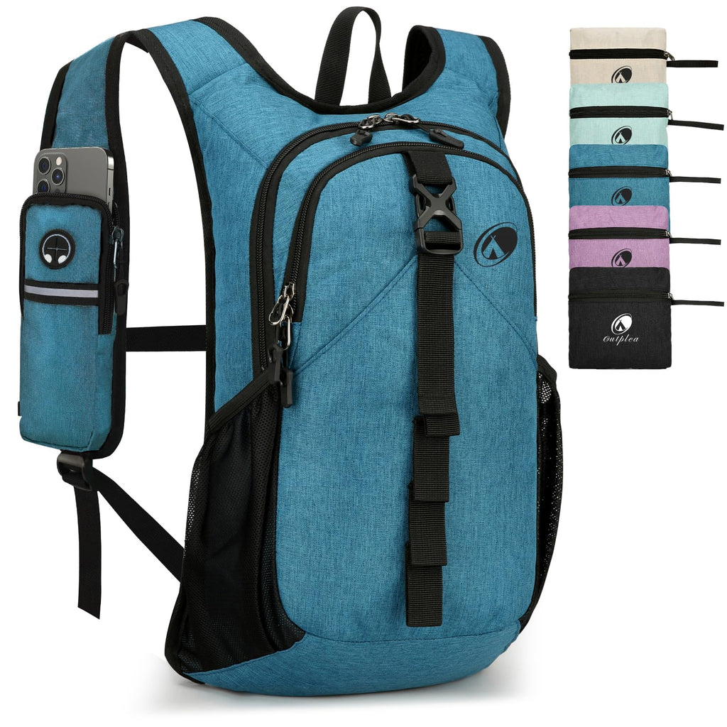 Outplea Folding Hiking Backpack with Phone Pocket for Men Women, Small Ultralight Packable Casual Daypack with Shoulder Chest Straps for Travel, 15L Foldable Lightweight Day Pack, Blue
