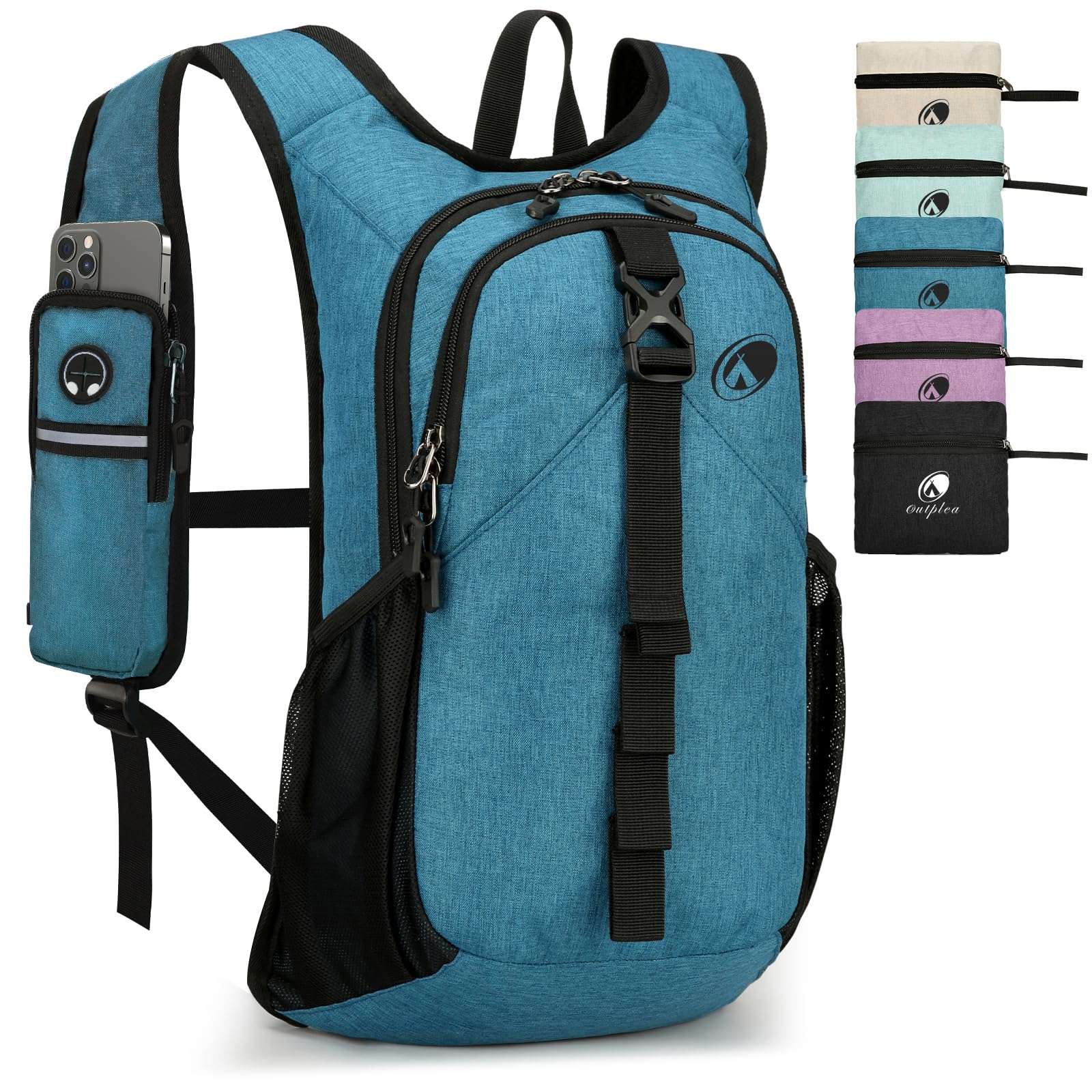 Outplea Folding Hiking Backpack with Phone Pocket for Men Women, Small Ultralight Packable Casual Daypack with Shoulder Chest Straps for Travel, 15L Foldable Lightweight Day Pack, Blue