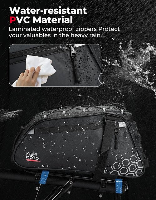 KEMIMOTO Rear Bike Rack Bag, 11L Water-resistant Trunk Bag 3-IN-1, Zippered Bicycle Backpack Shoulder Pannier Saddle Bag for Ebikes Cycling Commuting Travel Outdoor Camping