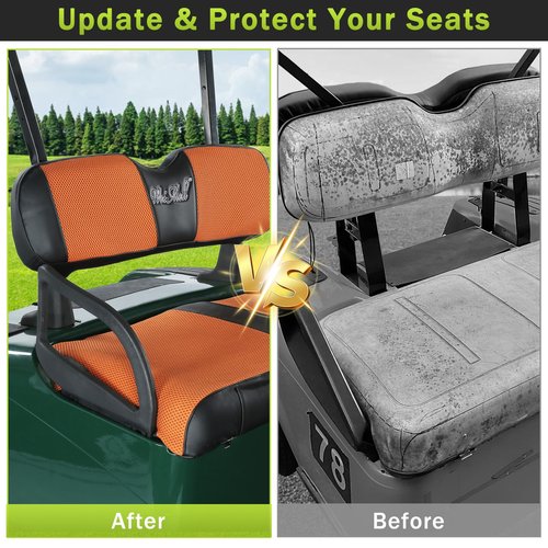 WEIMELL Golf Cart Seat Covers for EZGO RXV Front Seat Covers Thicken Breathable Mesh with Vinyl Leather Fits OEM Ordinary Cushion Covers No Nail Gun Easy to Install Black & Orange